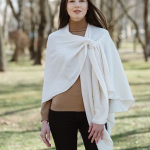 Lightweight Draped Poncho Shawl for Ladies, Women's Lambswool Draped Shawl, Irish Wool Ruana Wrap, Made in Ireland Natural White