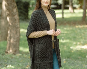 Aran Fisherman Irish Shawl for Women — Pure Merino Wool Cape — Soft, Warm, & Comfortable Scarf — Irish Knitting, Fringe Trim, Front Pockets