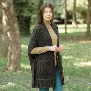 Aran Fisherman Irish Shawl for Women — Pure Merino Wool Cape — Soft, Warm, & Comfortable Scarf — Irish Knitting, Fringe Trim, Front Pockets