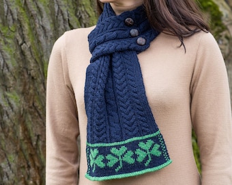Irish Shamrock Wool Knit Scarf for Women: 100% Merino Wool — Soft & Warm — St. Patrick’s Day — Aran Knitting, Loop Style, Button Closure