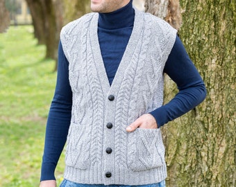 SAOL 100% Merino Wool Mens V Neck Vest Sleeveless Irish Cable Knit Cardigan  Sweater with Buttons and Pockets : : Clothing, Shoes 