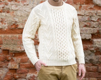 Irish Fisherman Traditional Aran Crew Neck Cable Knit Sweater — 100% Merino Wool Fisherman Pullover  — Made in Ireland