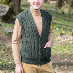 Aran Irish Vest with Buttons & Pockets for Men, 100% Merino Wool Knit Waistcoat, Sleeveless Knit Open Cardigan, Made in Ireland Army Green
