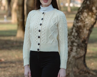 Aran Buttoned Crew Neck Sweater Cardigan, Merino Wool Cable Knit Cardigan, Fisherman Wool Jacket Cardigan, Made in Ireland