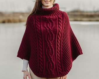 Saol Aran Cowl Neck Knit Poncho for Women, 100% Premium Quality Merino Wool Wrap Shawl, Irish Aran Knitting Cape, Made In Ireland