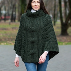 Aran Fisherman Sweater Poncho 100% Merino Wool Irish Traditional Turtleneck Knit Cape Soft, Warm Winter Poncho for Women One Size Army Green