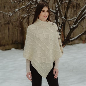 Fisherman Aran Cable Knit Cowl Neck Poncho for Ladies, Merino Wool Cable Knit Shawl for Women in Four Color Option, Made In Ireland image 3