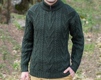 Jersey irlandés de punto trenzado Aran Fisherman con cuello con cremallera para hombre, jersey de invierno al aire libre en Irlanda, jersey de lana merino 100 % de primera calidad, jersey de punto suave y cálido