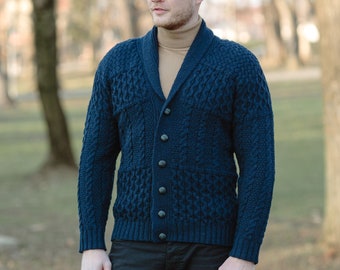 Fisherman Aran Cable Shawl Collar Cardigan, Warm & Incredible Soft, 100% Pure Quality Merino Wool Open Sweater, Irish Knit Cardigan