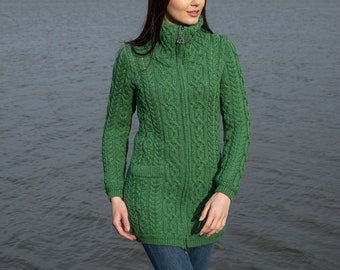 Celtic Aran Knit Zip Up Ireland Cardigan, 100% Merino Wool Coat, Long Coatigan for Women, Organic Wool Cable Knit Cardigan with Side Pockets