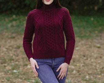 Saol Cable Knit Turtle Neck Sweater,  Merino Wool Jumper for Women, Made in Ireland