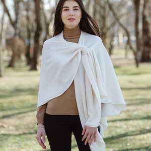 Lightweight Lambswool Drapped Poncho Shawl for Ladies, Irish Wool Ruana Wrap, Bridal Lambswool Shawl for Ladies Natural White