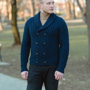 Irish Aran Fisherman Breasted Jacket Cardigan, 100% Merino Wool Cable Knit Heavyweight Sweater Cardigan, Shawl V-neck Collar Cardigan Men image 8