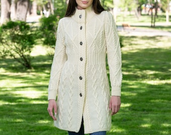 Fisherman Aran Irish Long Coat for Women w/ Celtic Knot Buttons — Cable Knit Cardigan — 100% Merino Wool Jacket— Soft, Warm & Comfortable