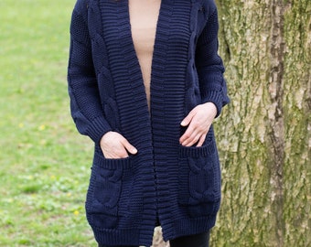 Ireland Traditional Aran Cardigan — Long Open Front Cable Knit Coat for Women — Super Soft Merino Wool Blend Coatigan — Front Pockets