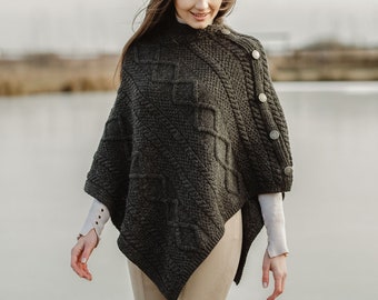 Saol Aran Fisherman Cowl Neck Poncho Shawl, 100% Premium Quality Merino Wool Ruana for Women, Made In Ireland