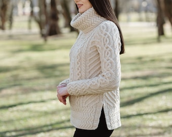 Aran Irish Cable Knit Pullover,  100% Merino Wool Jumper, Roll Neck Collar Ireland Sweater for Women, Fisherman Warm Sweater for Ladies