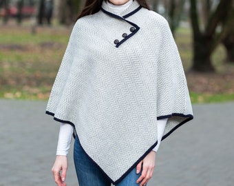 Traditional Irish Aran Wool Poncho for Women, Herringbone Poncho Shawl , Merino Wool Blend Cape, Knitted Poncho with Button Closure