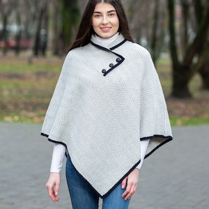 Saol Irish Aran Wool Poncho, Herringbone Poncho Shawl for Ladies, Merino Wool Blend Cape, Knitted Poncho Button Closure, Made in Ireland image 4