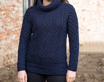 Traditional Irish Cable Knit Pullover,  100% Merino Wool Jumper, Roll Neck Collar Ireland Sweater for Women, Aran Fisherman Warm Sweater