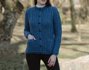 Saol AranTraditional Button Irish Cardigan Sweater — 100% Merino Wool Cable Knit Jacket — Soft & Warm | Button Closure | Front Pockets