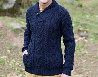 Aran Fisherman Men's Shawl Collar Cable Knit Ireland Sweater: 100% Merino Wool Jumper — Soft & Warm Pullover — Pockets, Single Button