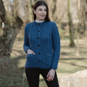 Saol AranTraditional Button Irish Cardigan Sweater 100% Merino Wool Cable Knit Jacket Soft & Warm Button Closure Front Pockets Marl Blue