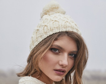 Aran Traditional Ladies Cable Knit Hat, Merino Wool Cable Knit Hat, Made in Ireland