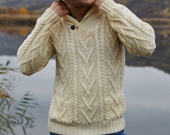 SAOL Irish Aran Sweater — 100% Merino Wool Sweater — Shawl Collar Cable Knit Irish Pullover: Soft & Warm Jumper — Pockets, Single Button