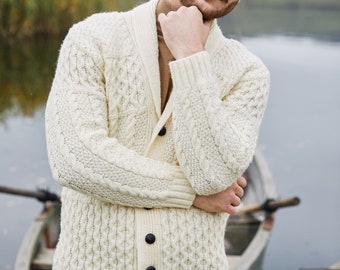 Aran Fisherman Cardigan for Man Irish Cable Shawl Collar Cardigan, 100% Quality Merino Wool Warm & Soft Buttoned Cardigan, Made in Ireland