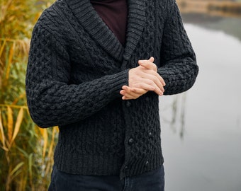 Irish Aran Fisherman Breasted Jacket Cardigan, 100% Merino Wool Cable Knit Heavyweight Sweater Cardigan, Shawl V-neck Collar Cardigan Men