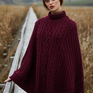 Aran Fisherman Turtleneck Cable Knit Poncho for Ladies,  Turtleneck Merino Wool Poncho, Irish Merino Wool Poncho, Made in Ireland