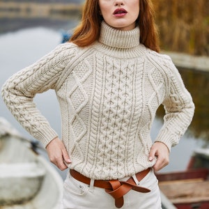 Saol Fisherman Aran Cable Knit Turtle Neck Sweater, Merino Wool Fisherman Jumper for Women, Cable Knit Sweater for Ladies, Made in Ireland image 2