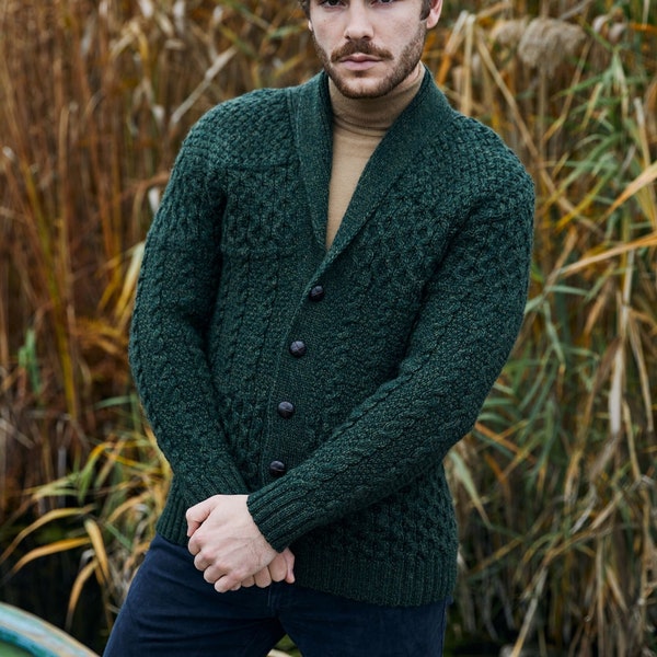 Fisherman Aran Cardigan for Man, Irish Cable Knit Heavyweight Shawl Collar Cardigan Sweater, 100% Quality Merino Wool Warm & Soft Jacket