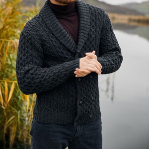 Irish Aran Fisherman Breasted Jacket Cardigan, 100% Merino Wool Cable Knit Heavyweight Sweater Cardigan, Shawl V-neck Collar Cardigan Men