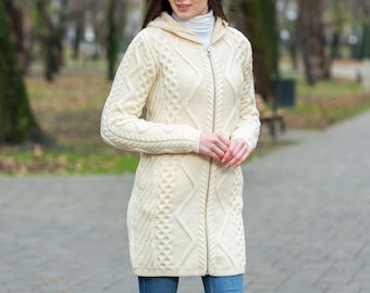 Saol Aran Merino Ladies Long Cardigan with Hood and Front Pockets — 100% Merino Wool Zipper Cable Knit Coat — Soft & Warm