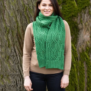 SAOL Aran Cable Knit Scarf for Ladies: 100% Merino Wool Scarf Extra Soft and Super Warm Muffler Irish Aran Knitting Made in Ireland Green