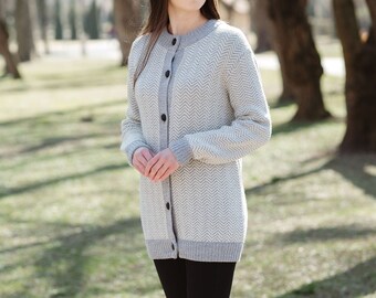 Saol Herringbone Lumber Cardigan for Ladies, Merino Wool Blend Cardigan for Women, Long Sleeve Crewneck Cardigan, Made in Ireland