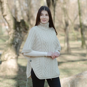 SAOL Aran Funnel Neck Zip Poncho Jacket for Women 100% Merino Wool Cable Knitted Cardigan Poncho Irish Aran Knitting Side Pockets Parsnip