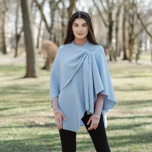 Lightweight Drapped Poncho Shawl for Ladies, Women's Lambswool Drapped Shawl, Irish Wool Ruana Wrap, Made in Ireland Light Blue