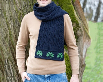 Irish Aran Fisherman Shamrock Wool Knit Scarf for Men: 100% Merino Wool — Extra Soft and Super Warm — St. Patrick’s Day — Irish Aran Knit