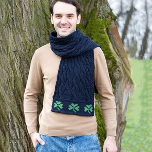 Irish Aran Fisherman Shamrock Wool Knit Scarf for Men: 100% Merino Wool — Extra Soft and Super Warm — St. Patrick’s Day — Irish Aran Knit