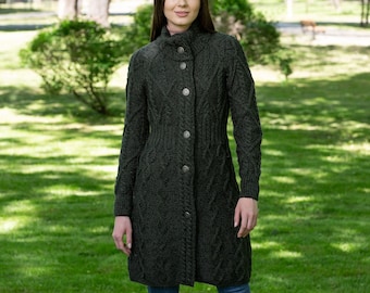 Ireland Aran Cardigan for Women with Celtic Knot Buttons - Irish Cable Knit Coatigan - 100% Merino Wool Coat - Soft, Warm & Comfortable