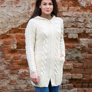 Aran Fisherman Women's Hooded Zip Ireland Cardigan: 100% Merino Wool Cable Rope & Braid Design Irish Soft, Warm Coat Winter/Fall image 5
