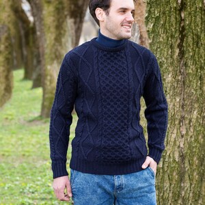 Aran Traditional Crew Neck Cable Knit Ireland Sweater for Men Merino Wool Blend Jumper Soft and Warm Pullover Irish Aran Knitting Navy