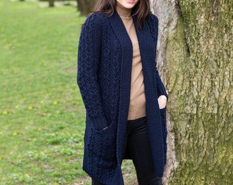 Fisherman Aran Classic Long Open Front Knit Coat —  100% Merino Wool Ireland Cardigan for Women — Soft & Warm Coatigan — Side Pockets