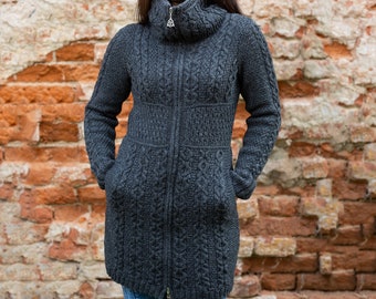 Aran Knit Zip Ireland Cardigan — 100% Merino Wool Long Coat — Super Soft, Warm, & Comfortable Coatigan — Trinity Knot Zipper, Side Pockets