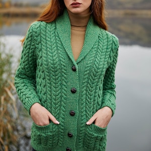 SAOL Merino Shawl Neck Cardigan for Ladies, 100% Merino Wool Buttoned V-neck Cardigan Sweater with Pockets for Women, Made in Ireland Green