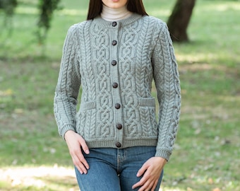 Aran Fisherman Cardigan Sweater — 100% Traditional Irish Merino Wool Jacket — Soft & Warm Jacket | Button Closure | Front Pockets