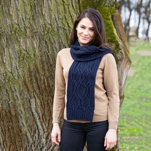 SAOL Aran Cable Knit Scarf for Ladies: 100% Merino Wool Scarf Extra Soft and Super Warm Muffler Irish Aran Knitting Made in Ireland Navy